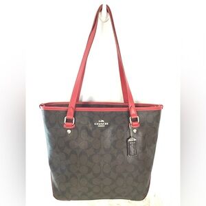 Coach Signature Monogram Tote Bag  Zip Top Purse Medium Size